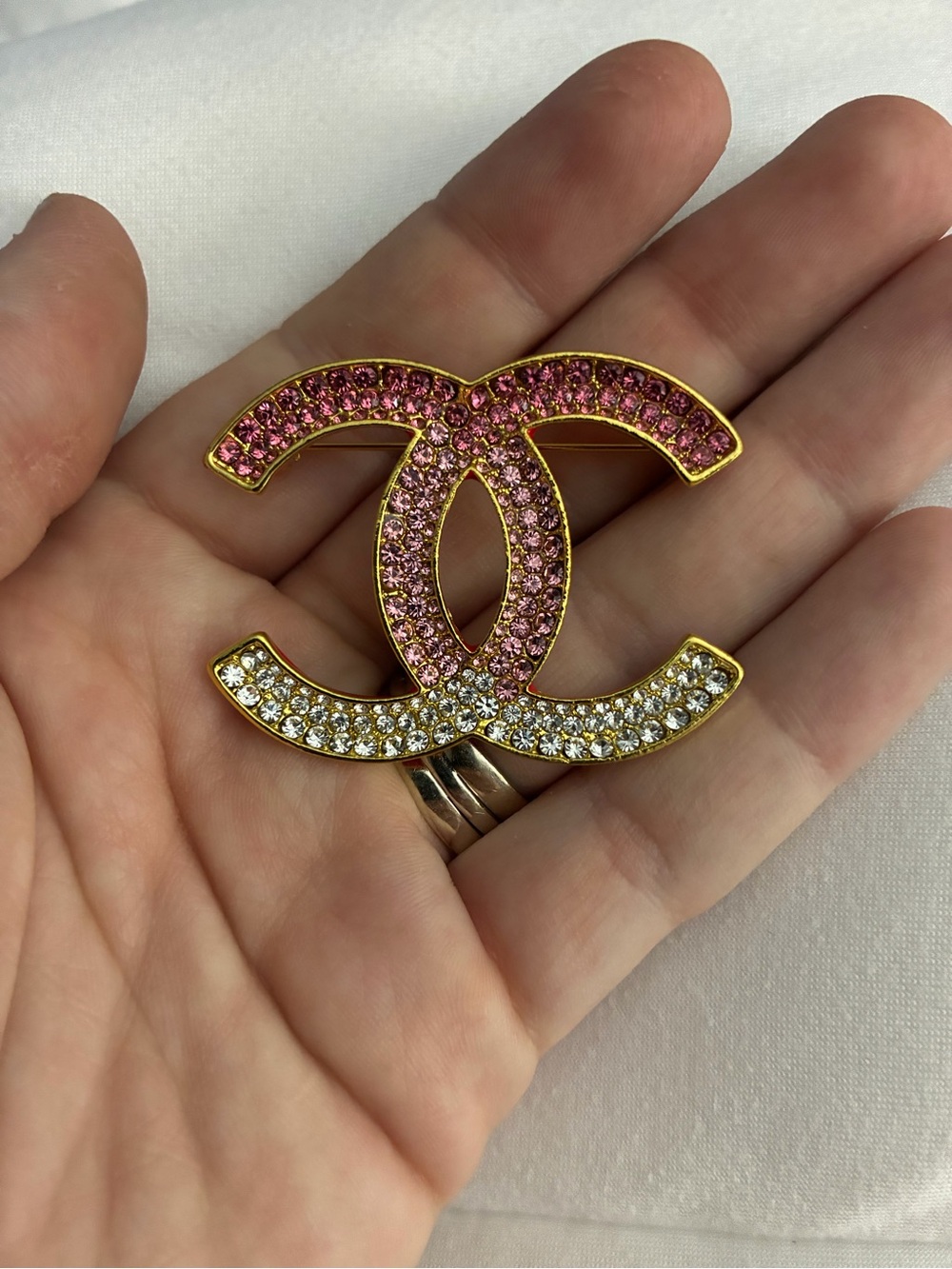 Pink and Clear Crystal Brooch - Gold Tone